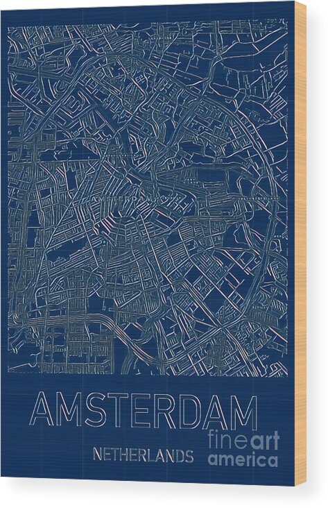 Amsterdam Wood Print featuring the digital art Amsterdam Blueprint City Map by HELGE Art Gallery