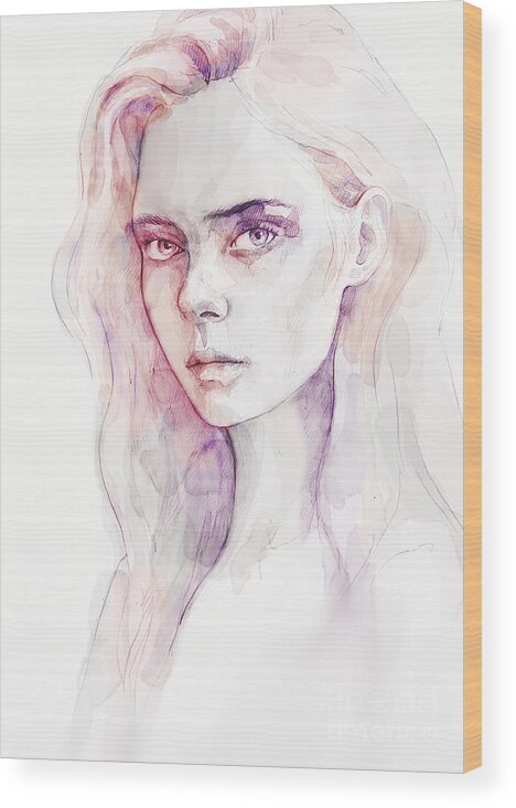 Aquarelle Wood Print featuring the painting Aquarelle portrait of a girl by Dimitar Hristov
