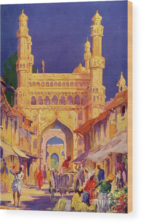 Scenics Wood Print featuring the drawing At The Char Minar In Hyderabad by Print Collector