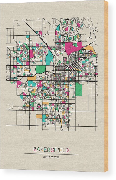 Bakersfield Wood Print featuring the digital art Bakersfield, California City Map by Inspirowl Design