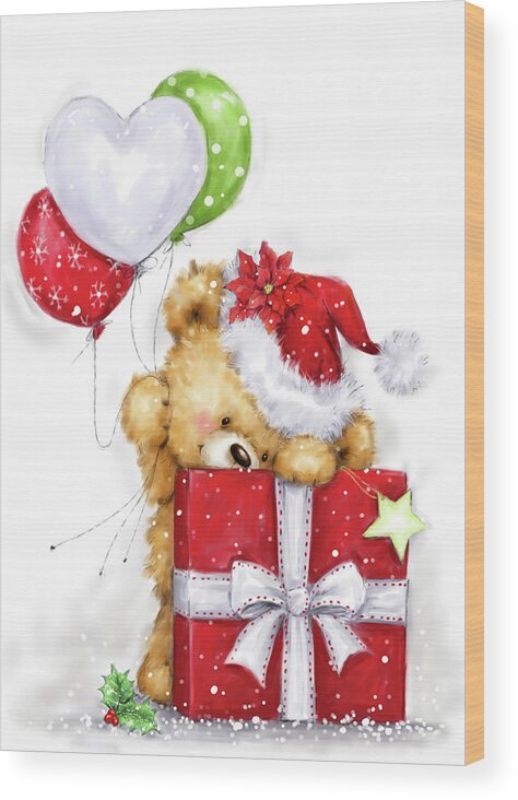 Bear With Christmas Present Wood Print featuring the mixed media Bear With Christmas Present by Makiko