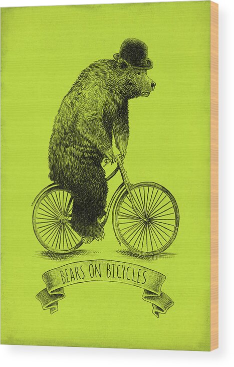 Bear Wood Print featuring the drawing Bears on Bicycles - Lime by Eric Fan