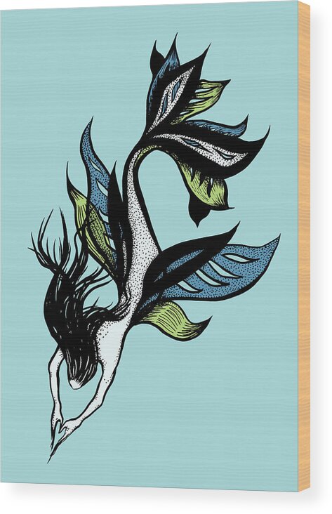 Siren Wood Print featuring the drawing Beautiful Mermaid Drawn Tattoo Style In Black Blue Green by Boriana Giormova