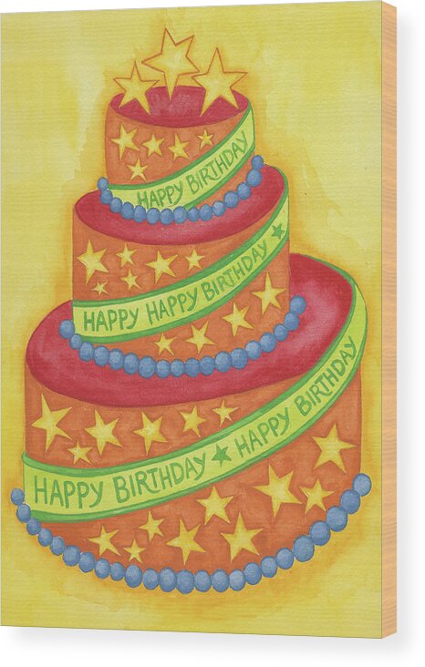 Birthday Cake Orange With Green Ribbon Wood Print featuring the painting Birthday Cake Orange With Green Ribbon by Andrea Strongwater