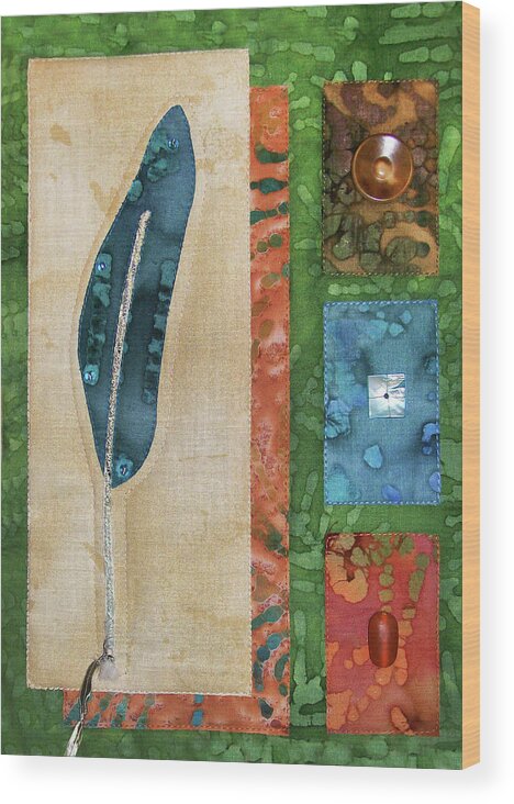 Art Quilt Wood Print featuring the tapestry - textile Blue Feather by Pam Geisel