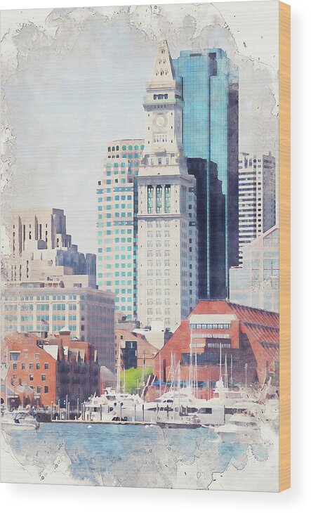 Boston Wood Print featuring the painting Boston, Panorama - 18 by AM FineArtPrints
