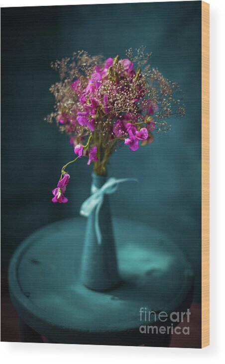 Vase Wood Print featuring the photograph Bouquet Of Pink Flowers In Blue Vase by Anastasiya Pyrozhenko