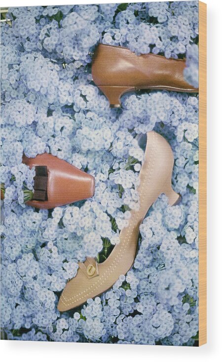 Accessories Wood Print featuring the photograph Brown Shoes in Bed of Blue Flowers by Gordon Parks