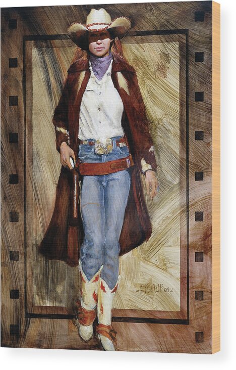 Cowgirl Wood Print featuring the painting Buckled Up by J. E. Knauf