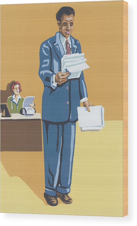 Administration Wood Print featuring the drawing Businessman Holding Paperwork by CSA Images