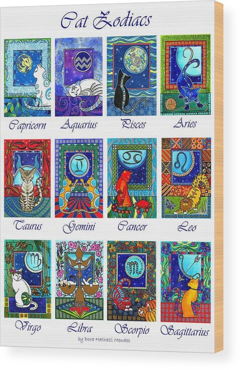 Cat Zodiac Astrology Signs Wood Print featuring the painting Cat Zodiac Astrological Signs by Dora Hathazi Mendes