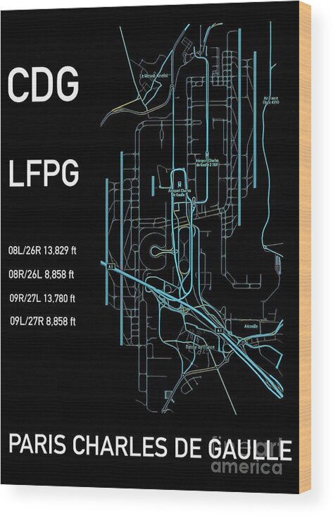Cdg Wood Print featuring the digital art CDG Paris Airport Black edition by HELGE Art Gallery