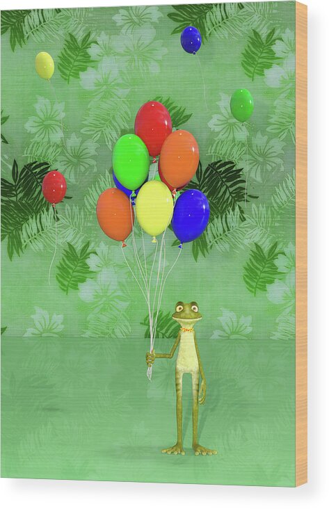 Birthday Wood Print featuring the digital art Celebration with Frog by Betsy Knapp