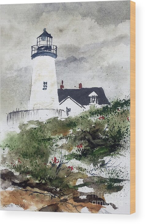 The Pemaquid Point Lighthouse With A Cloudy Sky. Wood Print featuring the painting Coastal Clouds by Monte Toon