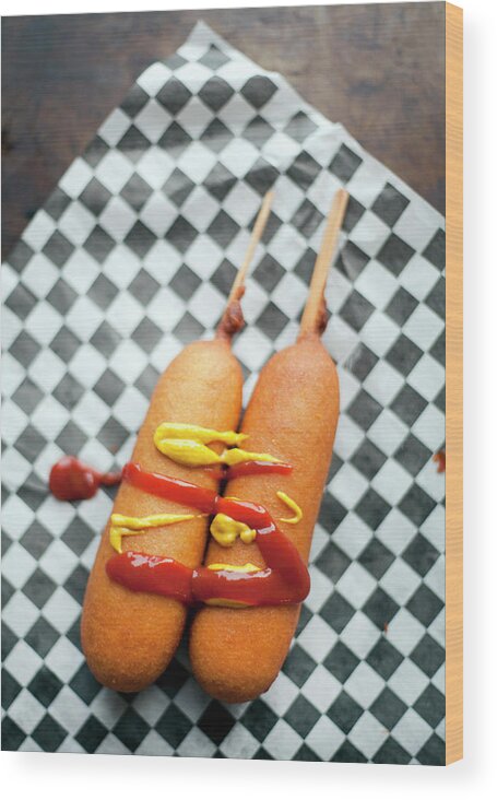 Ketchup Wood Print featuring the photograph Corn Dogs With Ketchup And Mustard by Leela Cyd