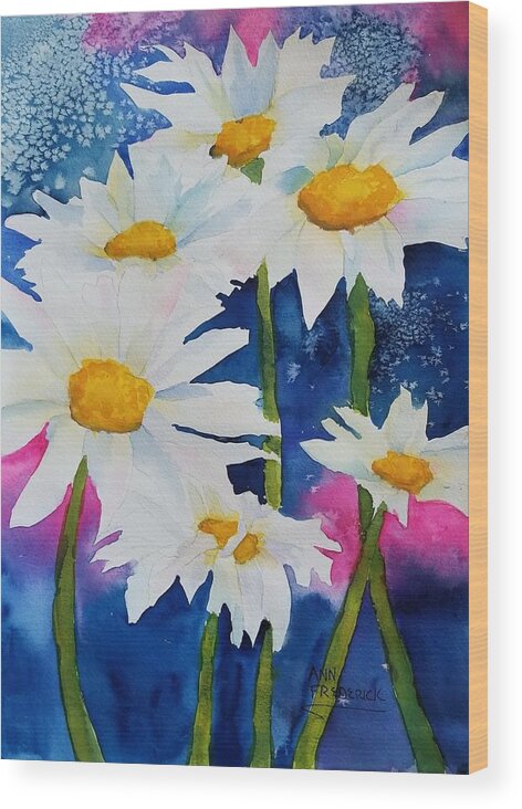 Daisies Wood Print featuring the painting Daisies in Navy by Ann Frederick