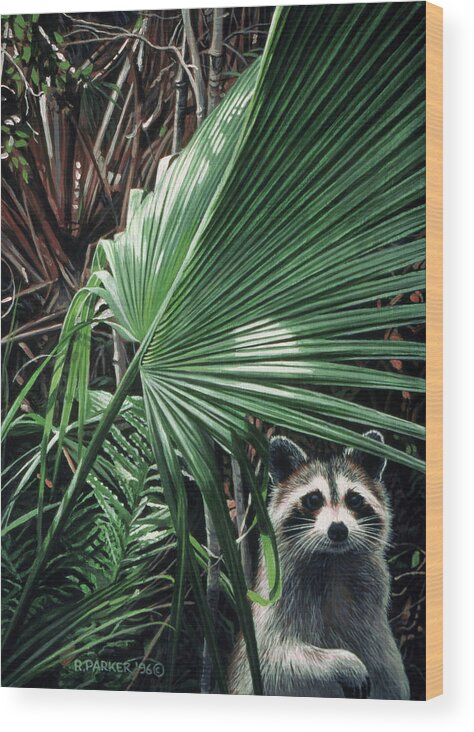 A Raccoon Stands Next To A Large Wood Print featuring the painting Everglades Raccoon by Ron Parker