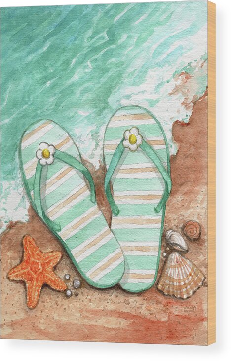 Flip Flops On The Beach Plain Wood Print featuring the painting Flip Flops On The Beach Plain by Melinda Hipsher