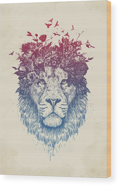 Lion Wood Print featuring the drawing Floral lion III by Balazs Solti