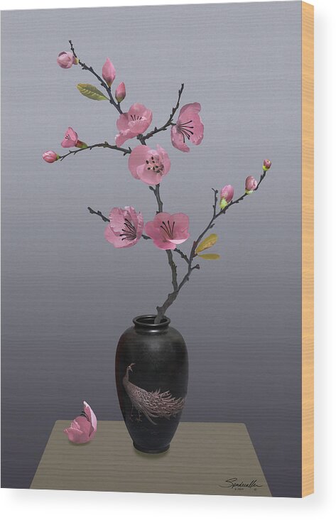 Asian Wood Print featuring the digital art Flowering Pink Quince in Vase by M Spadecaller