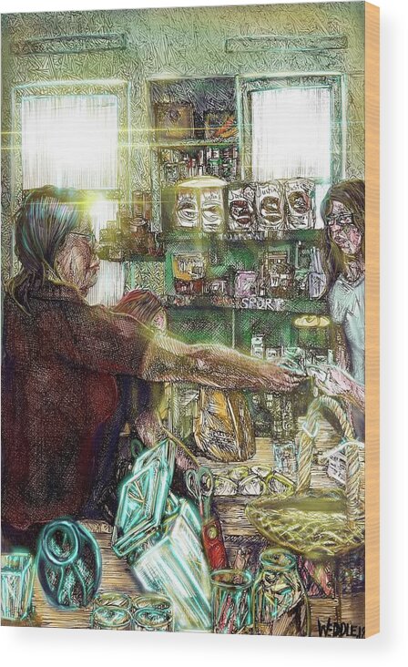 Pen And Ink Drawing Wood Print featuring the digital art Grocer by Angela Weddle