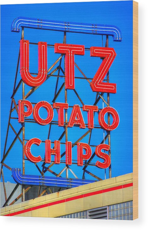 Utz Wood Print featuring the photograph Hanover PA Skyline - Utz Potato Chips No. 1 - Carlisle Street by Michael Mazaika