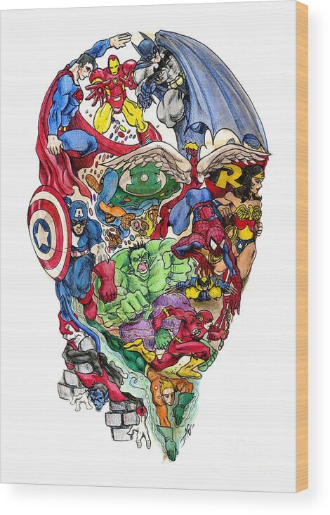Superhero Wood Print featuring the drawing Heroic Mind by John Ashton Golden