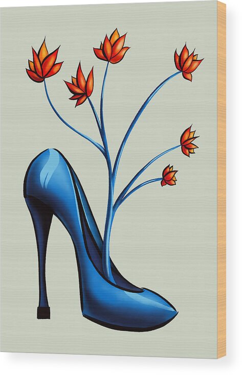 Shoe Wood Print featuring the digital art High Heel Shoe And Flower Bouquet Art by Boriana Giormova