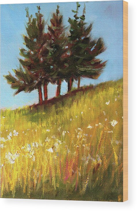 Evergreen Trees Wood Print featuring the painting Hillside Evergreens by Nancy Merkle