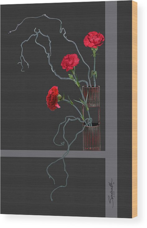 Carnation Wood Print featuring the mixed media Red Carnations and Bamboo Vase by M Spadecaller