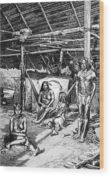 Engraving Wood Print featuring the drawing Inside A Ticuna Hut, South Ameriica by Print Collector