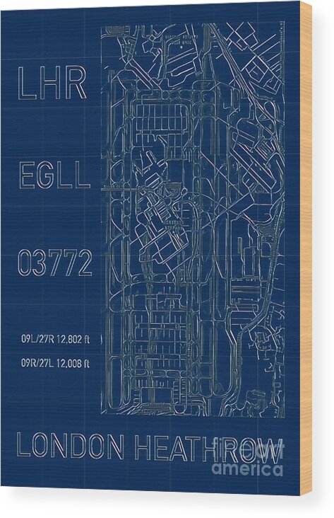 Lhr Wood Print featuring the digital art LHR London Heathrow Blueprint by HELGE Art Gallery