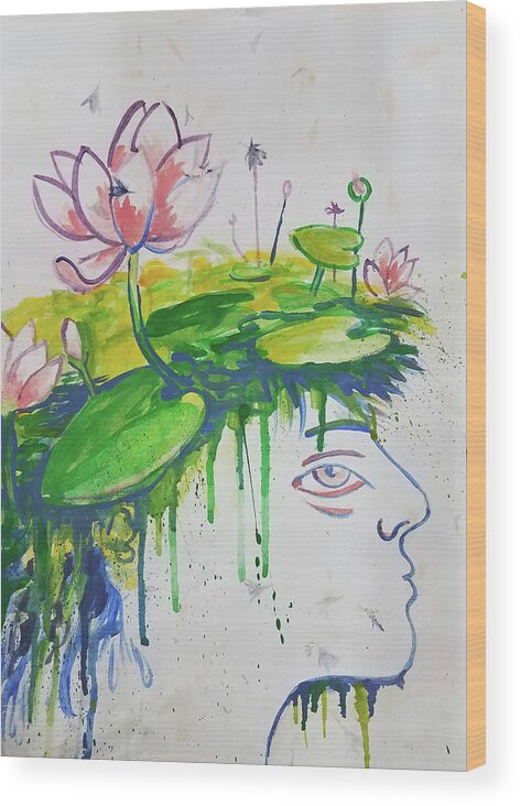 Lotus Wood Print featuring the painting Lotus head by Tilly Strauss