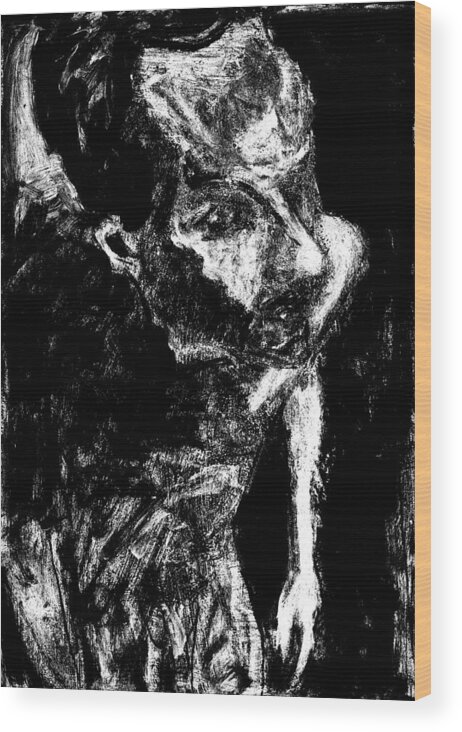 Standing Wood Print featuring the digital art Male nude standing crouched Monochrome 5 by Edgeworth Johnstone