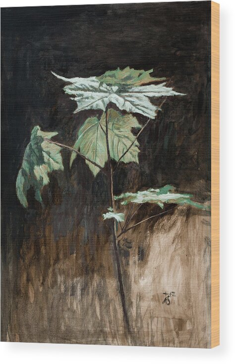 Hans Egil Saele Wood Print featuring the painting Maple Sapling with Green Leaves by Hans Egil Saele