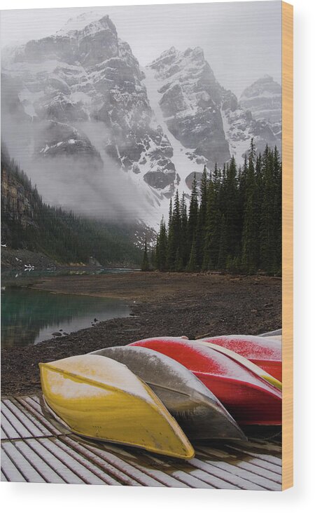 Scenics Wood Print featuring the photograph Mountain Lake And Canoes by Dorin s