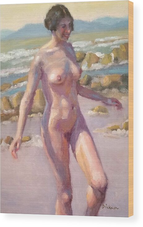 Joaquin Sorrola Wood Print featuring the painting Nude on beach by Jeff Dickson