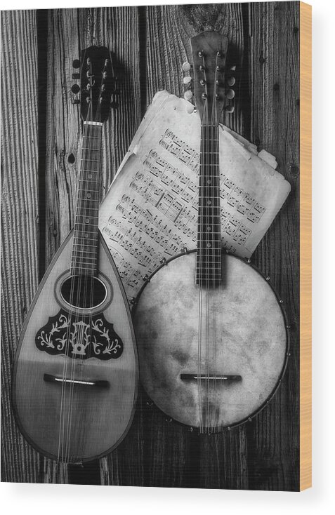 American Wood Print featuring the photograph Old Banjo And Mandolin Black And White by Garry Gay