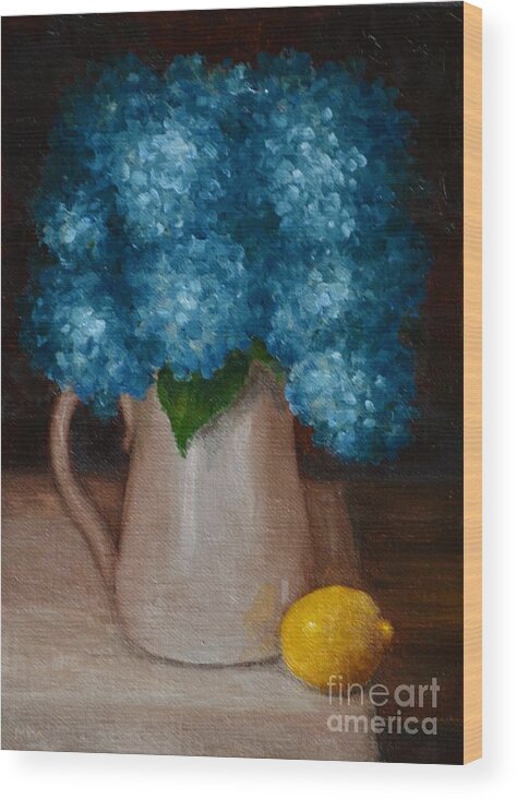 Blue Hydrangeas Wood Print featuring the painting One Lemon by Michelle Welles