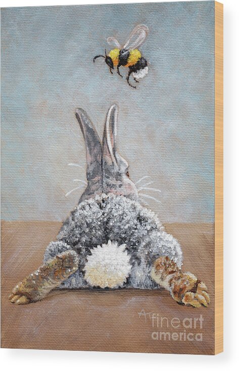 Rabbit Wood Print featuring the painting Peter's Bunny Tail Rabbit Painting by Annie Troe
