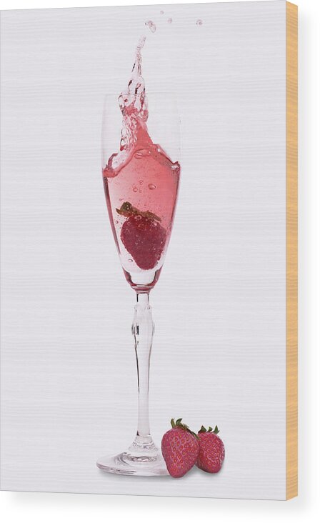 White Background Wood Print featuring the photograph Pink Champaigne And Strawberries by Johndmartin