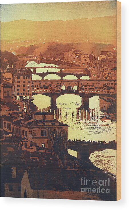 Building Wood Print featuring the painting Ponte Vecchio Sunset- Italy by Ryan Fox