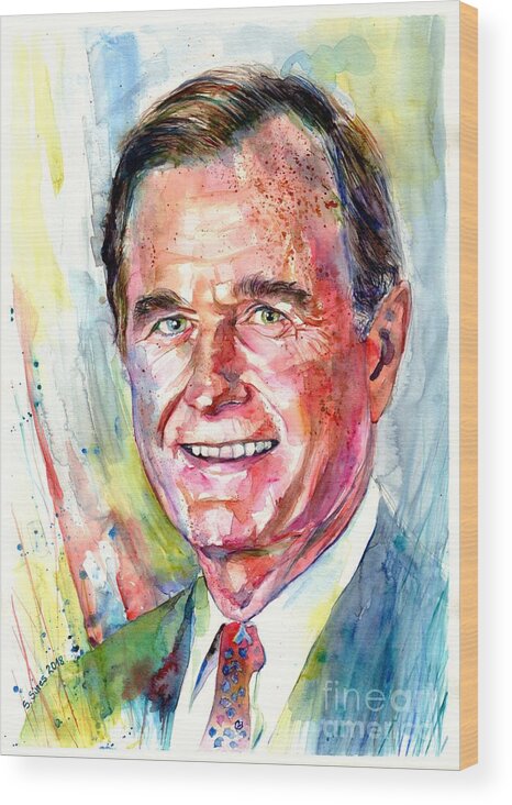 George Wood Print featuring the painting President George H. W. Bush portrait by Suzann Sines