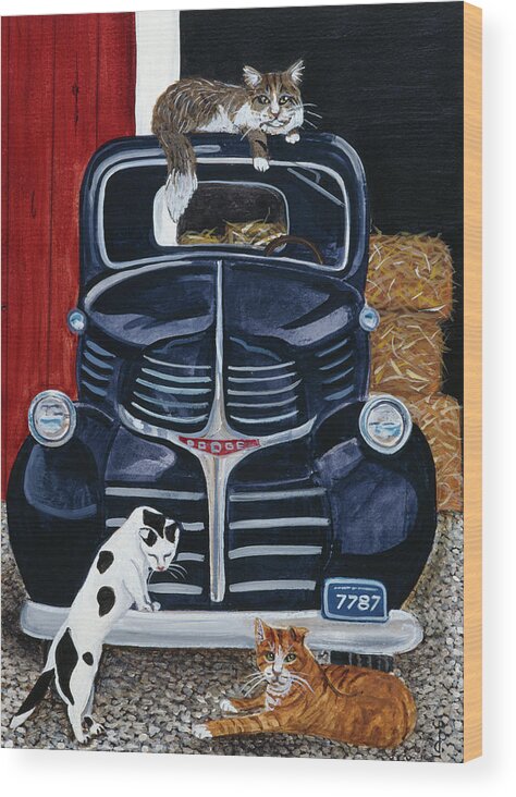 A Cat On The Bumper Wood Print featuring the painting Ranch Cats by Jan Panico