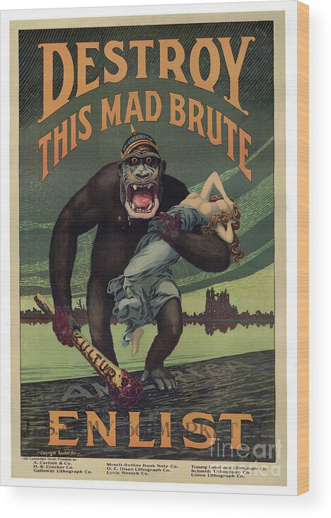 Usa Wood Print featuring the drawing Recruitment Campaign destroy This Mad Brute - Enlist, Pub. 1917 by Harry R. Hopps
