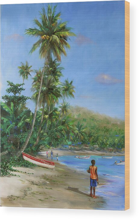 Caribbean Art Wood Print featuring the painting Red and White Boat by Jonathan Gladding