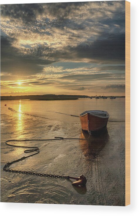 #boats#sunset#pinepoint#maine#scarborough#ocean#summer Wood Print featuring the photograph Red Dory Sunset by Darylann Leonard Photography