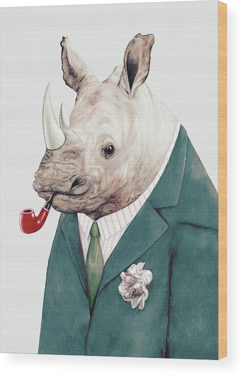 Rhino Wood Print featuring the painting Rhino in Teal by Animal Crew