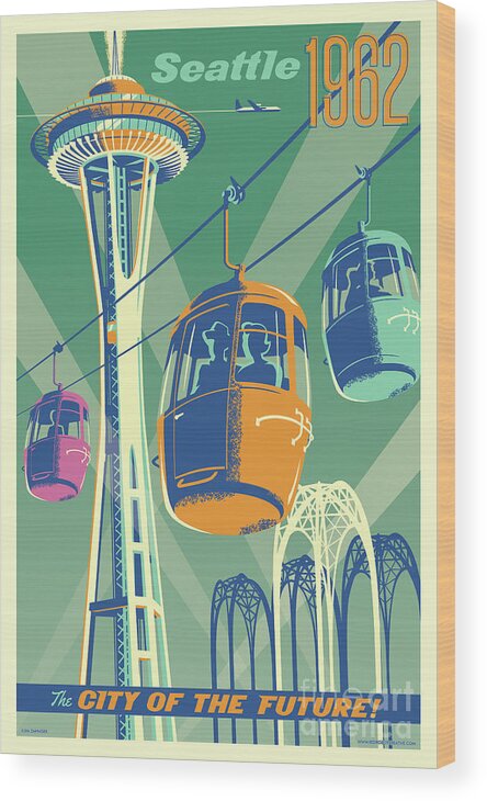 Vintage Wood Print featuring the digital art Seattle Poster- Space Needle Vintage Style by Jim Zahniser