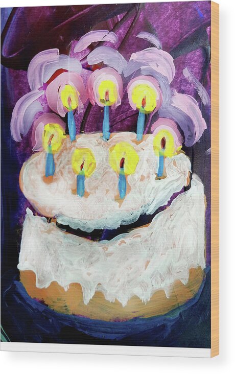 Candles Wood Print featuring the painting Seven Candle Birthday Cake by Tilly Strauss
